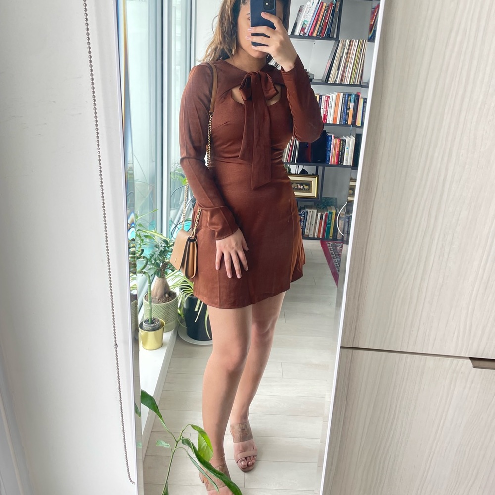 Lola May cut out tie neck satin mini dress in brown size